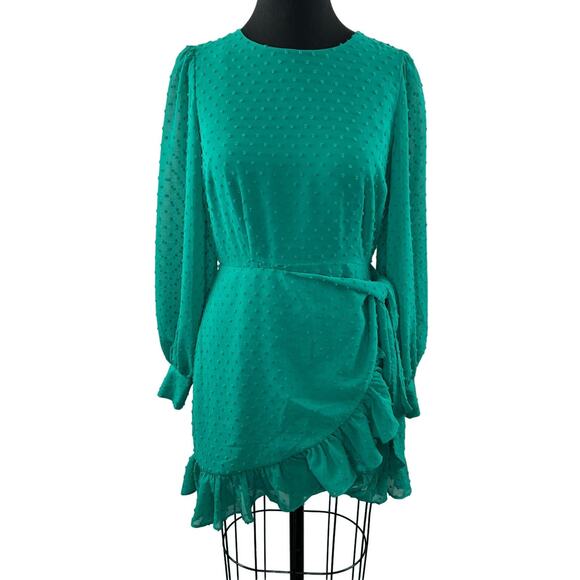 Yumi Kim Green Daphne Dress Swiss Dot Crew Neck Belt Tie Ruffle Back Zip Size 6 - Picture 1 of 10